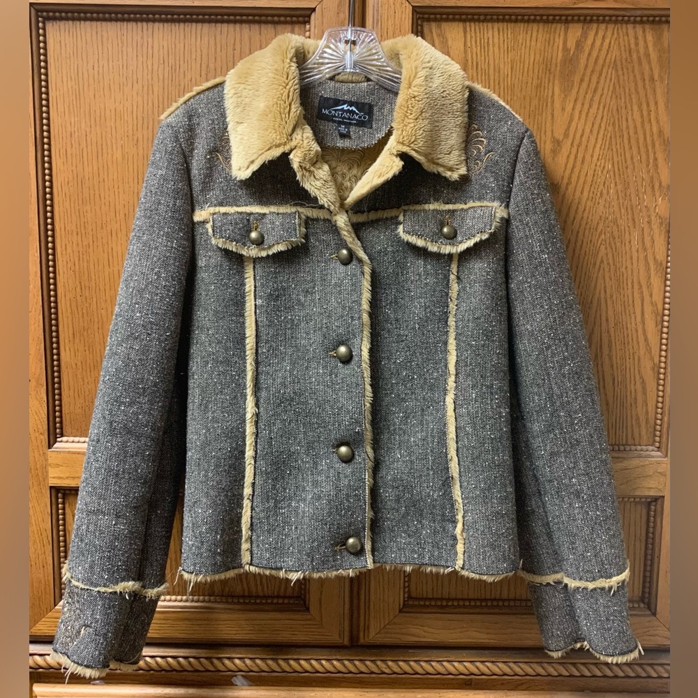 Montanaco Women’s Wool Blend Tweed Faux Fur Lined Winter Coat Tan Grey Medium